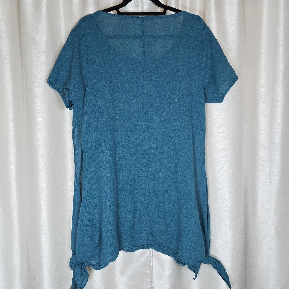 MEO MELI Made In Italy 100% Linen Tunic Top Blue Short Sleeve Lrg/XL Cottagecore - Picture 9 of 15